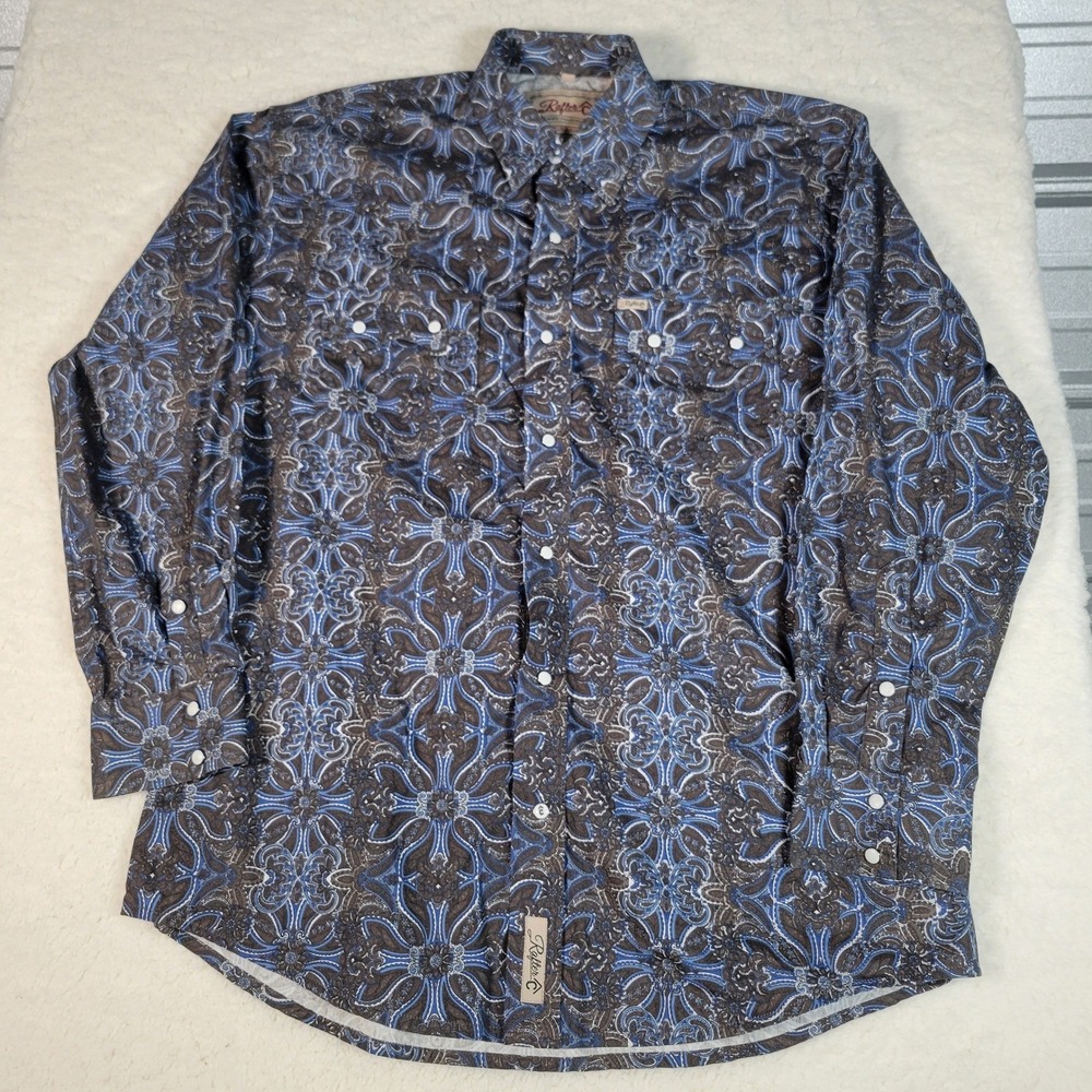 Rafter C Western Snap Shirt Mens Large Blue Brown Paisley Cowboy Collection L